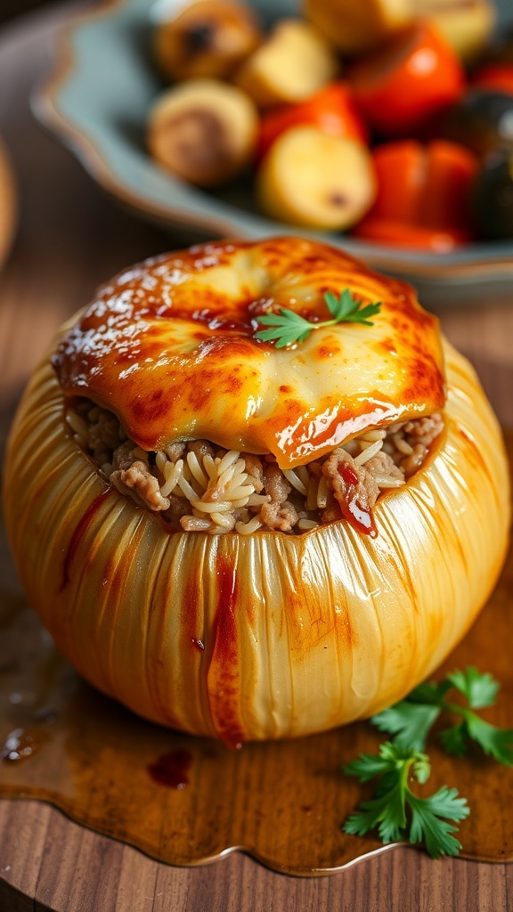 Baked stuffed onion head filled with meat and rice, garnished with parsley on a rustic table.
